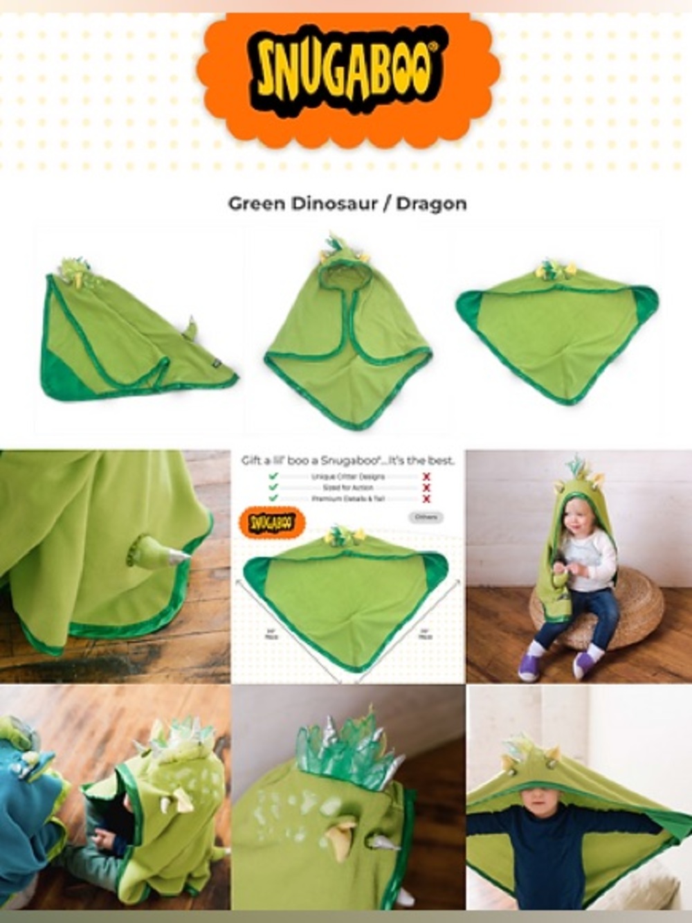 Snugaboo Hooded Security Blanket “Frankie” Green Dinosaur/ Dragon 30” x 30”